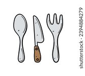 A hand-drawn doodle of a spoon, knife and fork isolated on a white background. Vector illustration.