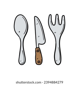 A hand-drawn doodle of a spoon, knife and fork isolated on a white background. Vector illustration.