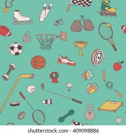 Hand-drawn doodle sport pattern. Seamless line art background with different repeated objects: balls, sneakers, flag, medals, tennis rackets etc. Colored equipment icons.