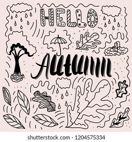 Hand-drawn in doodle style, black colour on light background. Autumn theme illustration.