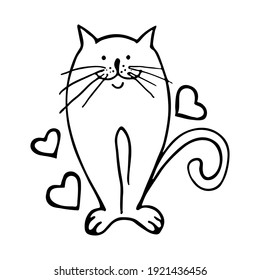 Hand-drawn in doodle style enamored cat with hearts. Valentine's Day. Stylized drawing in black outline on a white background. Vector.