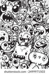 Hand-drawn doodle style illustration featuring a whimsical array of monster characters with expressive faces, designed as a black and white coloring page.
