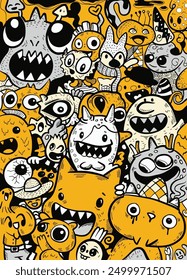 Hand-drawn doodle style illustration featuring a whimsical array of monster characters with expressive faces, designed as a black and white coloring page.