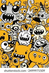 Hand-drawn doodle style illustration featuring a whimsical array of monster characters with expressive faces, designed as a black and white coloring page.