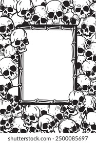 Hand-drawn doodle style illustration featuring a frame made of skulls with a blank space in the center, designed as a coloring page.
