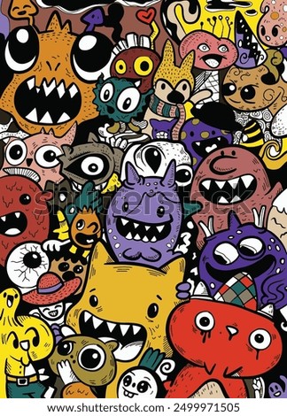 Hand-drawn doodle style illustration featuring a whimsical array of monster characters with expressive faces, designed as a black and white coloring page.