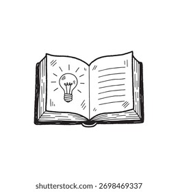 Hand-drawn doodle style open idea book illustration symbolizing creativity, thoughts, and innovation, perfect minimal vector for education and design themes