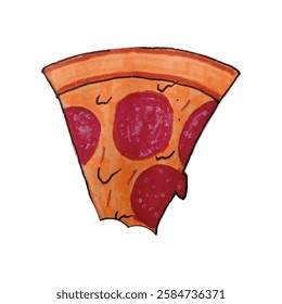 A hand-drawn doodle style pizza slice colored with markers. Pepperoni pizza