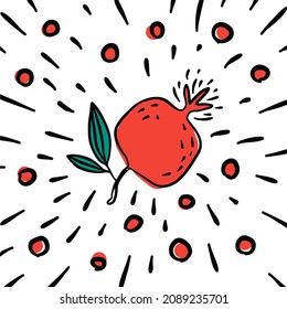 Hand-drawn doodle style red pomegranate fruit with grains and green leaves.
