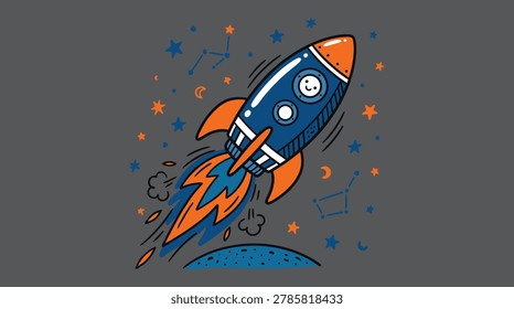 Hand-drawn doodle style rocket ship vector illustration launching into outer space with stars and constellations for children nursery wall room decor.