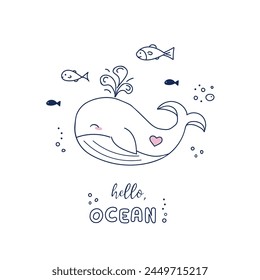 Hand-drawn doodle style of a small whale, fish and bubbles. Vector line art illustration with hello ocean lettering