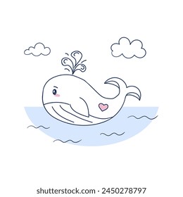 Hand-drawn doodle style of a small whale swimming in the ocean among waves and clouds. line art illustration on white background