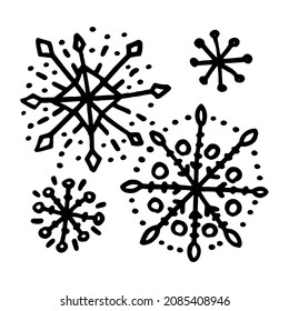 Hand-drawn doodle style snowflakes, New Year's snow.