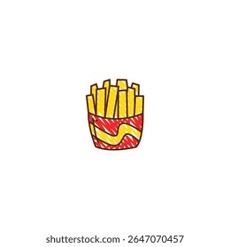 Hand-drawn doodle style vector of French fries in a red and yellow box. Fun and playful crayon-like illustration on a white background. Perfect for food icons, kids' menus, and fast food design.

