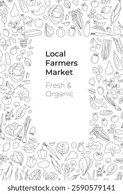 Hand-drawn doodle style vector illustration of fresh farm vegetables and fruits forming a frame. The border offers space for text, perfect for farm markets organic food branding eco-friendly campaigns