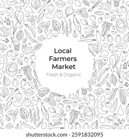 Hand-drawn doodle style vector illustration of fresh farm vegetables and fruits forming a frame. The border offers space for text, perfect for farm markets organic food branding eco-friendly campaigns