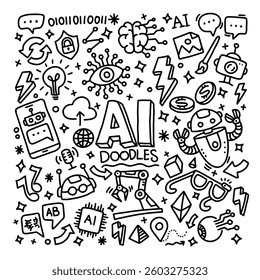 Hand-drawn doodle style vector illustration of artificial intelligence and technology elements