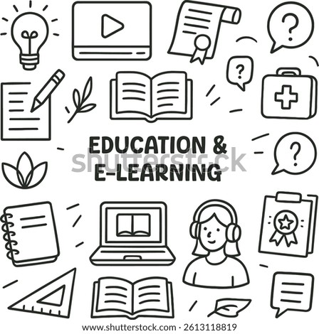 A hand-drawn doodle style vector illustration featuring education and e-learning elements like books, laptop, certificate, headset, and writing tools. Ideal for online courses and learning platforms.