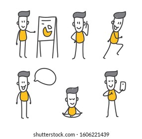 A hand-drawn doodle of a successful businessman teaching, meditating, playing sports and talking on the phone. Easy to use for your website, poster or presentation.