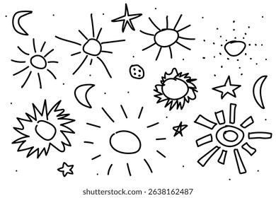 Handdrawn doodle sun, star, moon sketch. Simple whimsical doodles sky with suns, stars, moons
