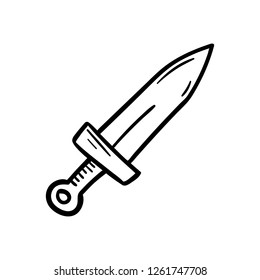 Handdrawn doodle sword icon. Hand drawn black sketch. Sign symbol. Decoration element. White background. Isolated. Flat design. Vector illustration.