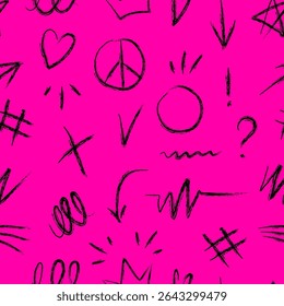 Hand-drawn doodle symbols and scribbles including arrows, peace sign, heart, question mark and exclamation mark on bright pink background.