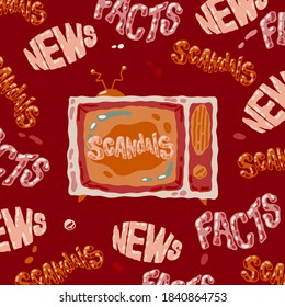 Dibujo a mano Doodle Televisión TV ilustración vectorial con Lettering word Video News, Scandals, Facts in vintage estilo 70