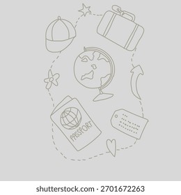 Hand-drawn doodle of travel essentials including a passport, globe, suitcase, and hat, surrounded by a dashed line.