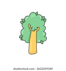 Hand-Drawn Doodle Tree Icon in Green. Simple Line Art. Icon Perfect for nature-themed designs, Earth Day campaigns, or children's educational materials.  Isolated Stock Illustration