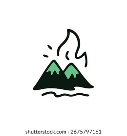 Doodle dibujado a mano de dos montañas con picos verdes, en erupción con humo negro