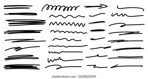 Dibujado a mano doodle de subrayados, líneas destacadas, líneas onduladas y colección de flecha.