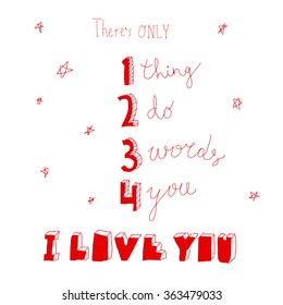 hand-drawn doodle valentines postcard print with hearts lettering letters red. Design elements. Doodle hand drawn style illustration for greeting card, t-shirts and bags print, scrapbooking