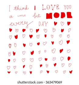 hand-drawn doodle valentines postcard print with hearts lettering letters red. Design elements. Doodle hand drawn style illustration for greeting card, t-shirts and bags print, scrapbooking