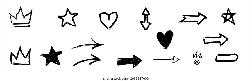 Hand-drawn doodle vector collection featuring sketch-style crowns, hearts, stars, and arrows. The design uses rough black ink lines and a playful, imperfect look on a clean white background. Ideal for