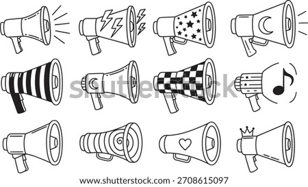 Hand-drawn doodle vector collection of various megaphones with unique patterns and symbols for communication and announcements. Vector