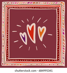 Hand-drawn doodle vector frame with colorful hearts. Valentine's day card. Red background. Square card.