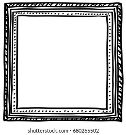 Hand-drawn doodle vector frame for photos, portraits, cards, presentations, bio, about section. Black lineart. Isolated on white background. Square card.