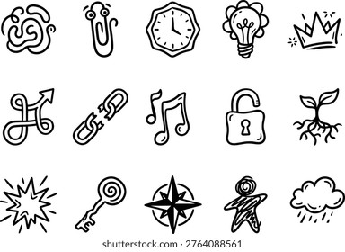 Hand-drawn doodle vector icon set for creativity, ideas, and various symbolic concepts on a transparent background. - Powered by Shutterstock - Get 15% off with code: PIKWIZARD15