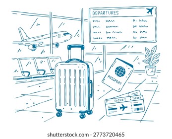 Hand-drawn doodle vector illustration of an airport departure scene with timetable board, suitcase, passport and boarding ticket