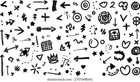 ilustração de vetor de doodle desenhado à mão, símbolos de esboço de tinta preta, elementos de design criativo, conjunto de setas e ícones, fundo branco mínimo, conceito artístico