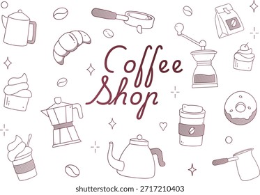 Ilustração de vetor de doodle desenhado à mão de elementos e ícones da cafeteria apresentando grãos de café, croissants, moedores, potes de moka e várias sobremesas em um estilo de arte de linha minimalista com texto "Cafeteria" em um fundo branco.