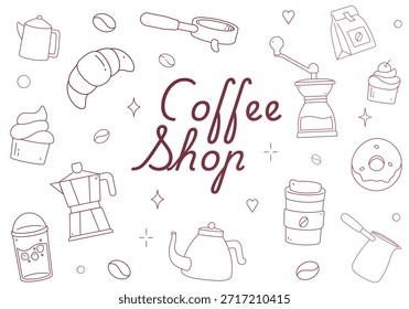Hand-drawn doodle vector illustration of coffee shop elements and icons featuring coffee beans, croissants, grinders, moka pots, and various desserts in a minimalist line art style on a white background.