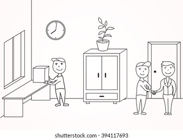 Hand-drawn doodle vector illustration, delivery men in office and satisfied customer. Picture about courier work, transportation, fast and gentle delivery. Sketch elements for your design