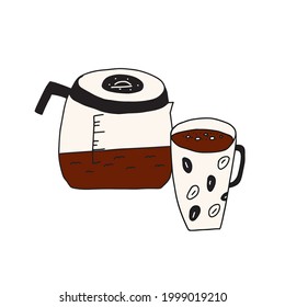 Dibujo de doodle de mano vectorial de la cafetera tradicional para preparar café caliente. Aislado sobre fondo blanco.