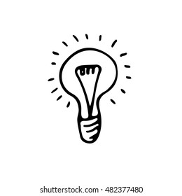 Hand-drawn doodle vector light bulb icon. Concept of big ideas inspiration, innovation, invention, effective thinking.  Isolated. 