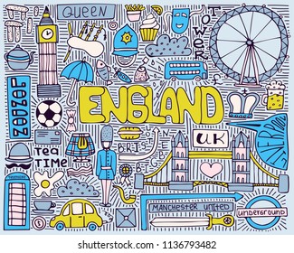 The hand-drawn doodle vector poster with sights and symbols of England.