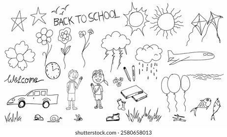 Hand-drawn doodle vector of school elements like kids, books, pencils, and clouds. Simple black and white sketch, great for education, learning, and creative projects