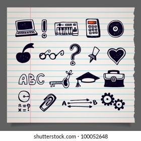 Hand-drawn Doodle Vector School Items Icons On Exercise-book Sheet In Stripes, Set 3