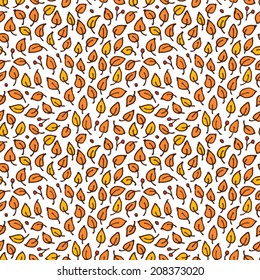 Hand-drawn doodle vector seamless pattern with cartoon leaves.