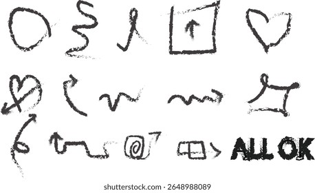 Hand-Drawn Doodle Vector Set – Arrows, Hearts, Scribbles, Symbols, and "ALL OK" Text